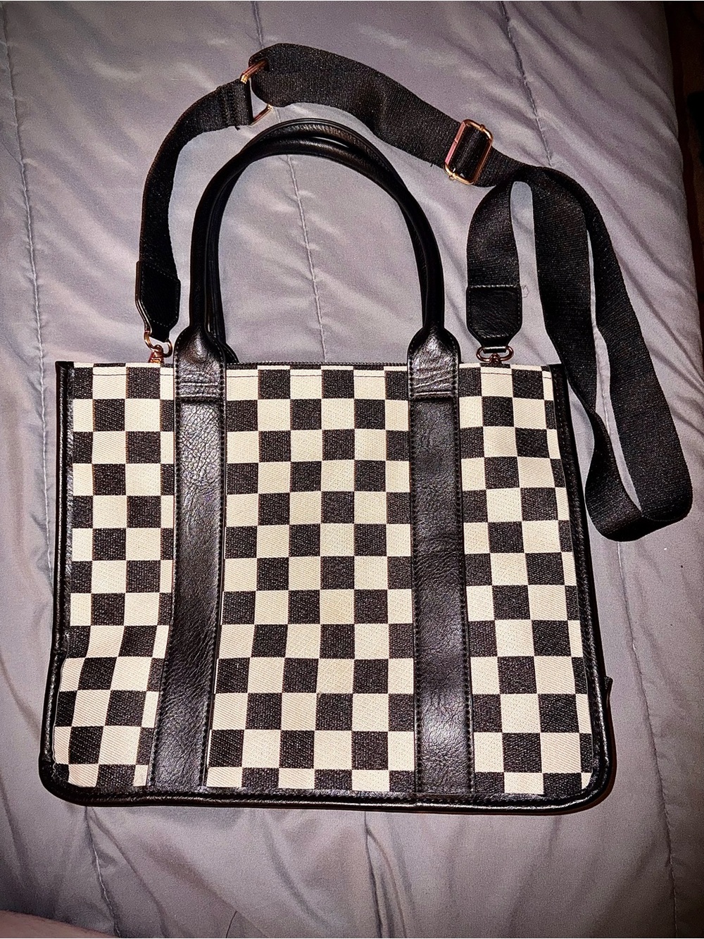 Black & Cream Checkerboard Tote Bag with Shoulder Strap